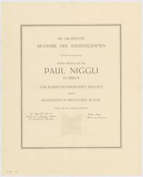 Ernennungsurkunde als korrespondierendes Mitglied der Sächsischen Akademie der Wissenschaften, unterschrieben (Paul Niggli)