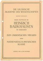 Ernennungsurkunde als ordentliches Mitglied der Sächsischen Akademie der Wissenschaften (Heinrich Barkhausen) [001]