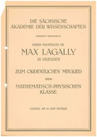 Ernennungsurkunde als ordentliches Mitglied der Sächsischen Akademie der Wissenschaften (Max Lagally)