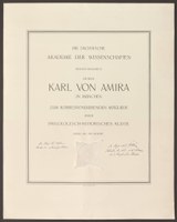 Ernennungsurkunde als korrespondierendes Mitglied der Sächsischen Akademie der Wissenschaften (Karl von Amira)